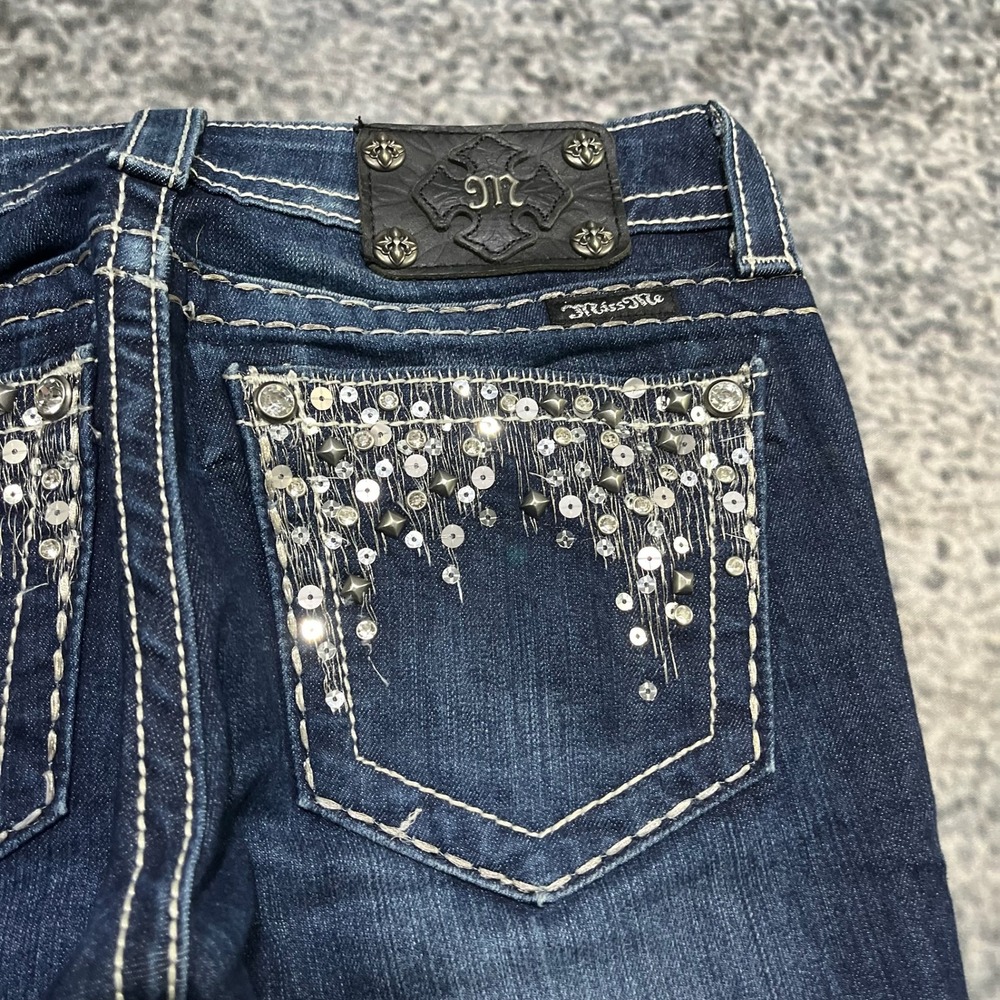 Miss Me Jeans Womens 27x32 Blue Boot Cut Low Rise Rhinestones Western Grunge Y2K - Picture 4 of 15